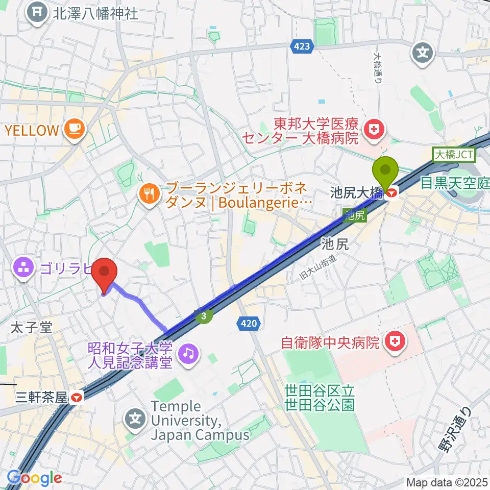池尻大橋駅から三軒茶屋グレープフルーツムーンへのルートマップ地図