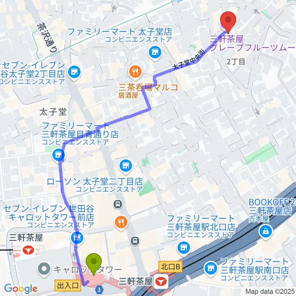 三軒茶屋グレープフルーツムーンの最寄駅三軒茶屋駅からの徒歩ルート（約7分）地図