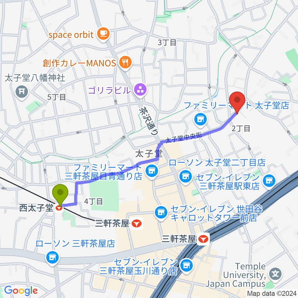 西太子堂駅から三軒茶屋グレープフルーツムーンへのルートマップ地図