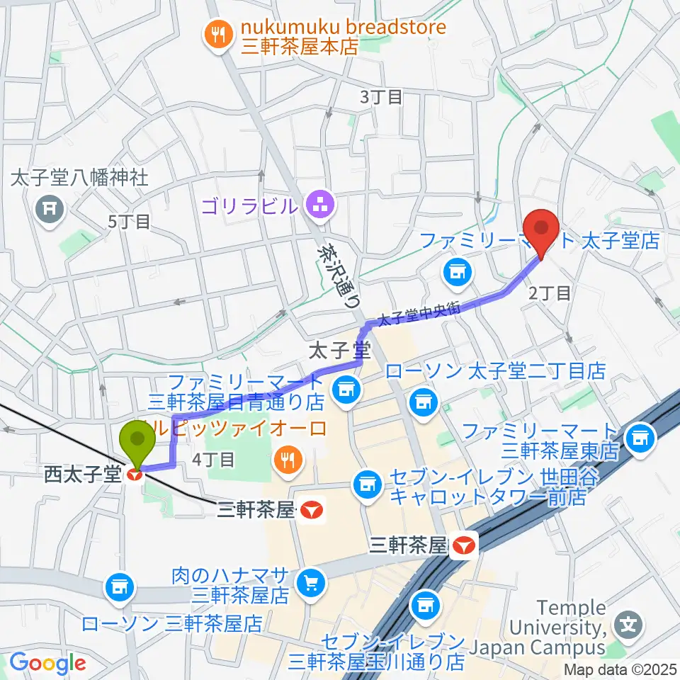 西太子堂駅から三軒茶屋グレープフルーツムーンへのルートマップ地図