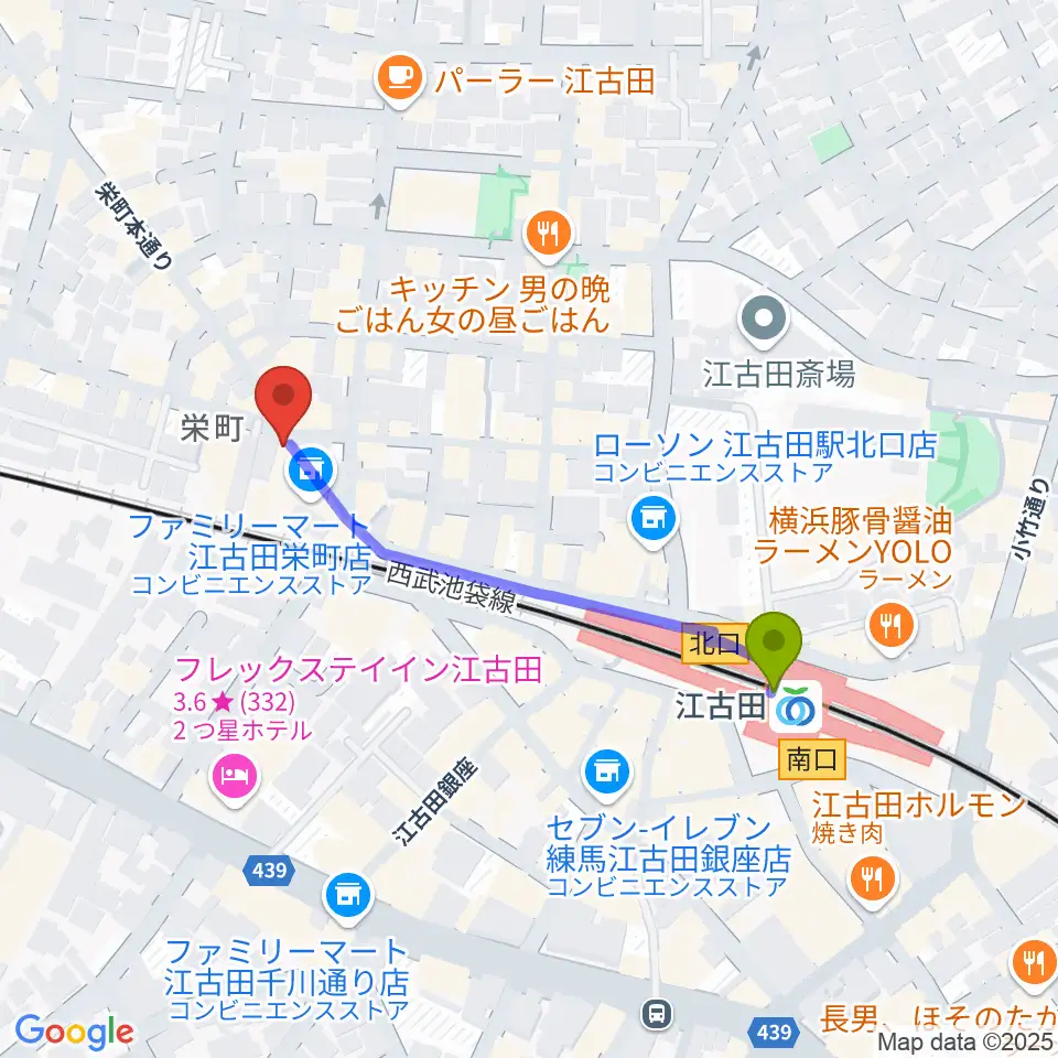 江古田フライングティーポットの最寄駅江古田駅からの徒歩ルート（約4分）地図