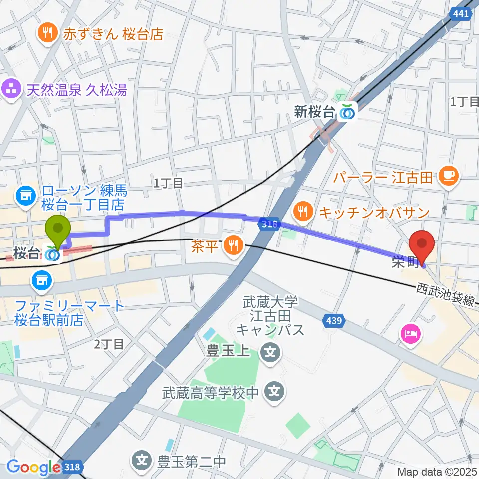 桜台駅から江古田フライングティーポットへのルートマップ地図