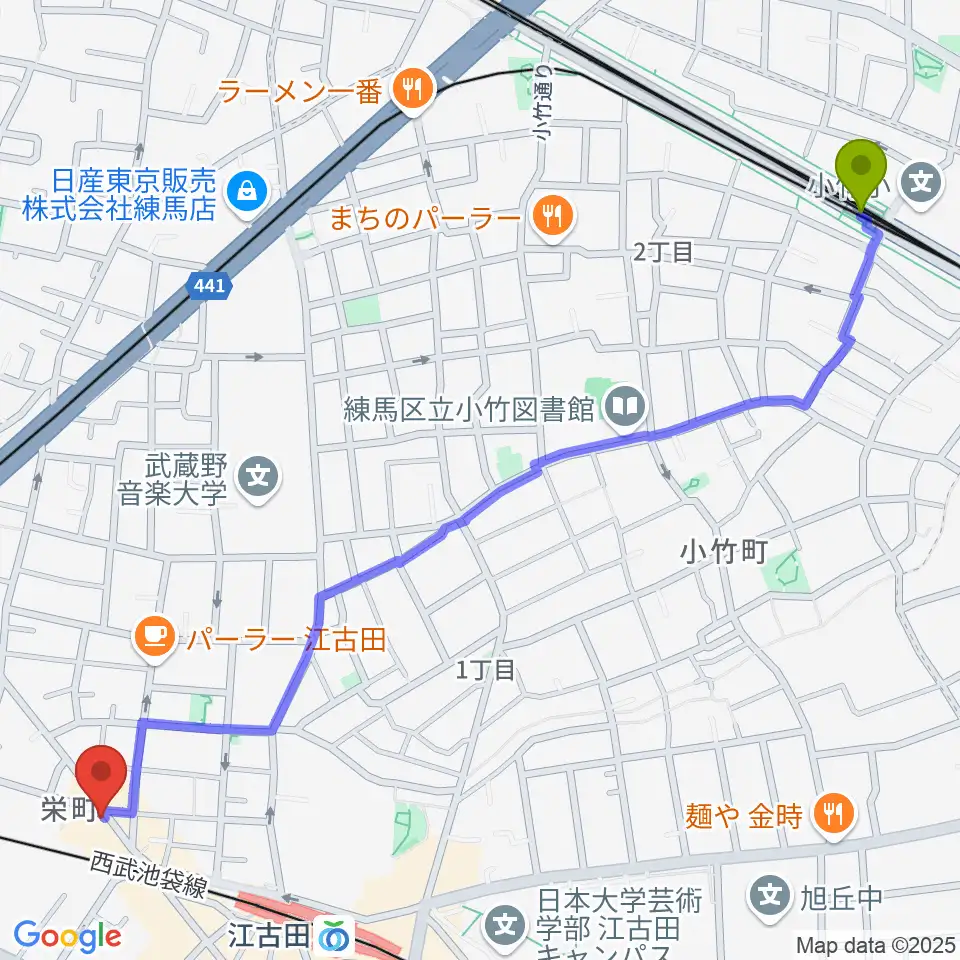 小竹向原駅から江古田フライングティーポットへのルートマップ地図