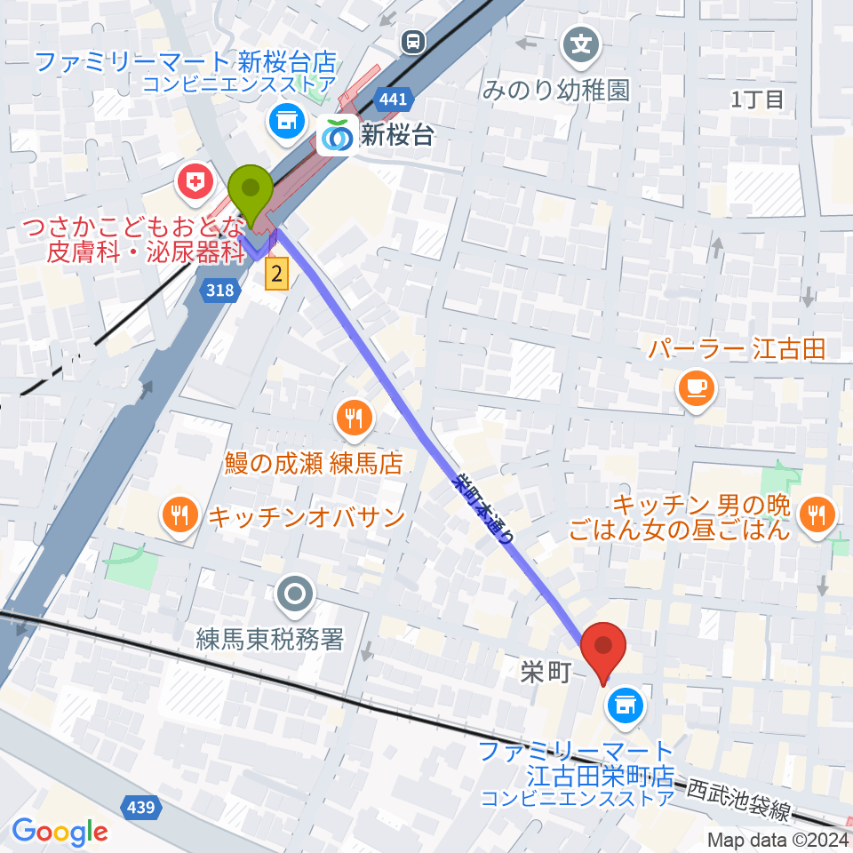 新桜台駅から江古田フライングティーポットへのルートマップ地図