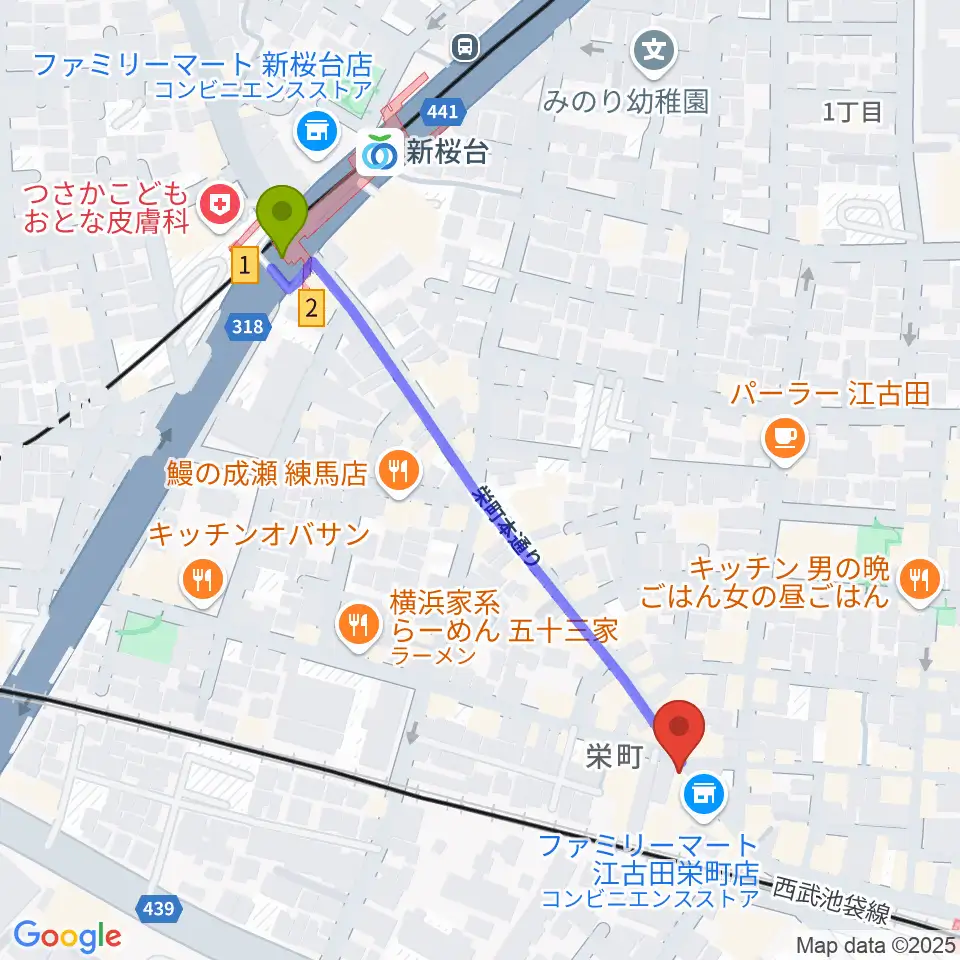 新桜台駅から江古田フライングティーポットへのルートマップ地図