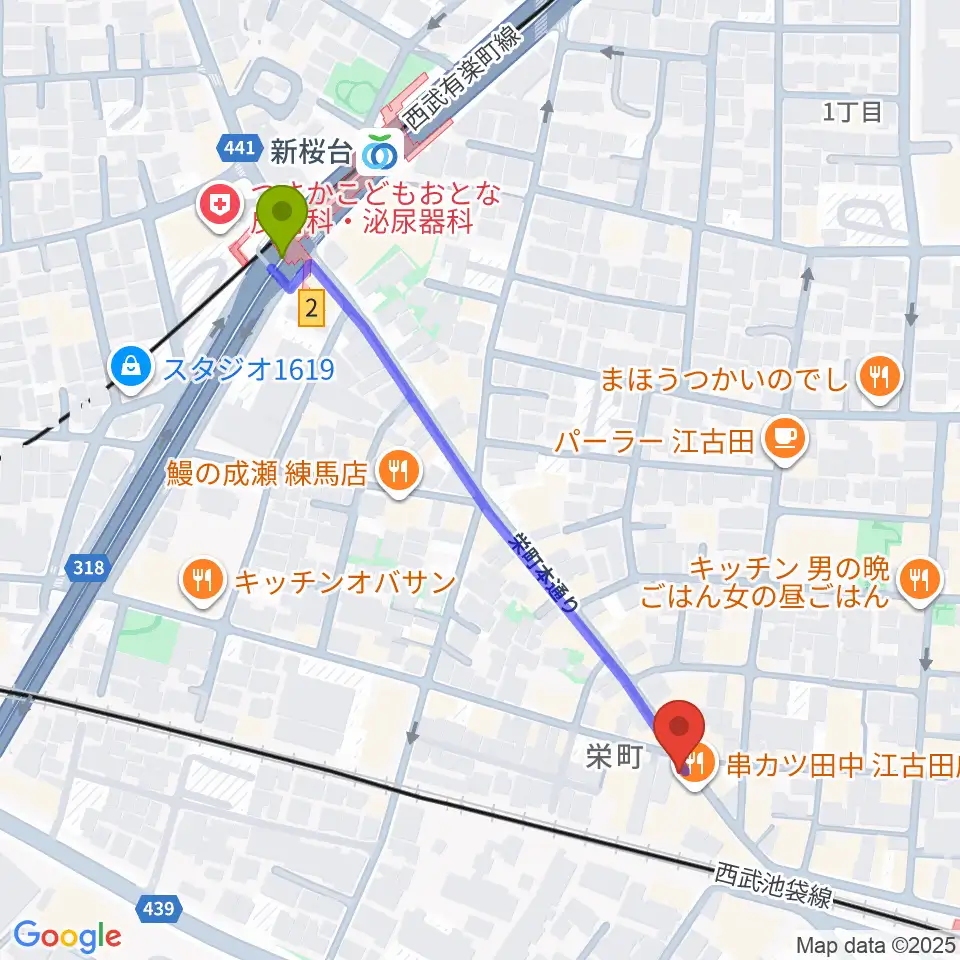 新桜台駅から江古田フライングティーポットへのルートマップ地図