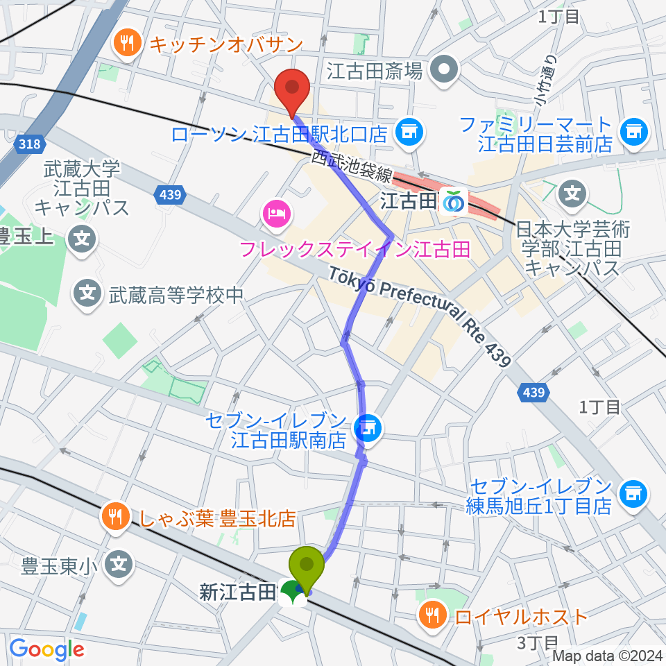 新江古田駅から江古田フライングティーポットへのルートマップ地図