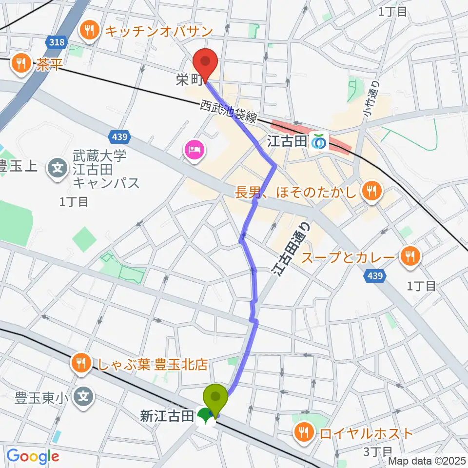 新江古田駅から江古田フライングティーポットへのルートマップ地図