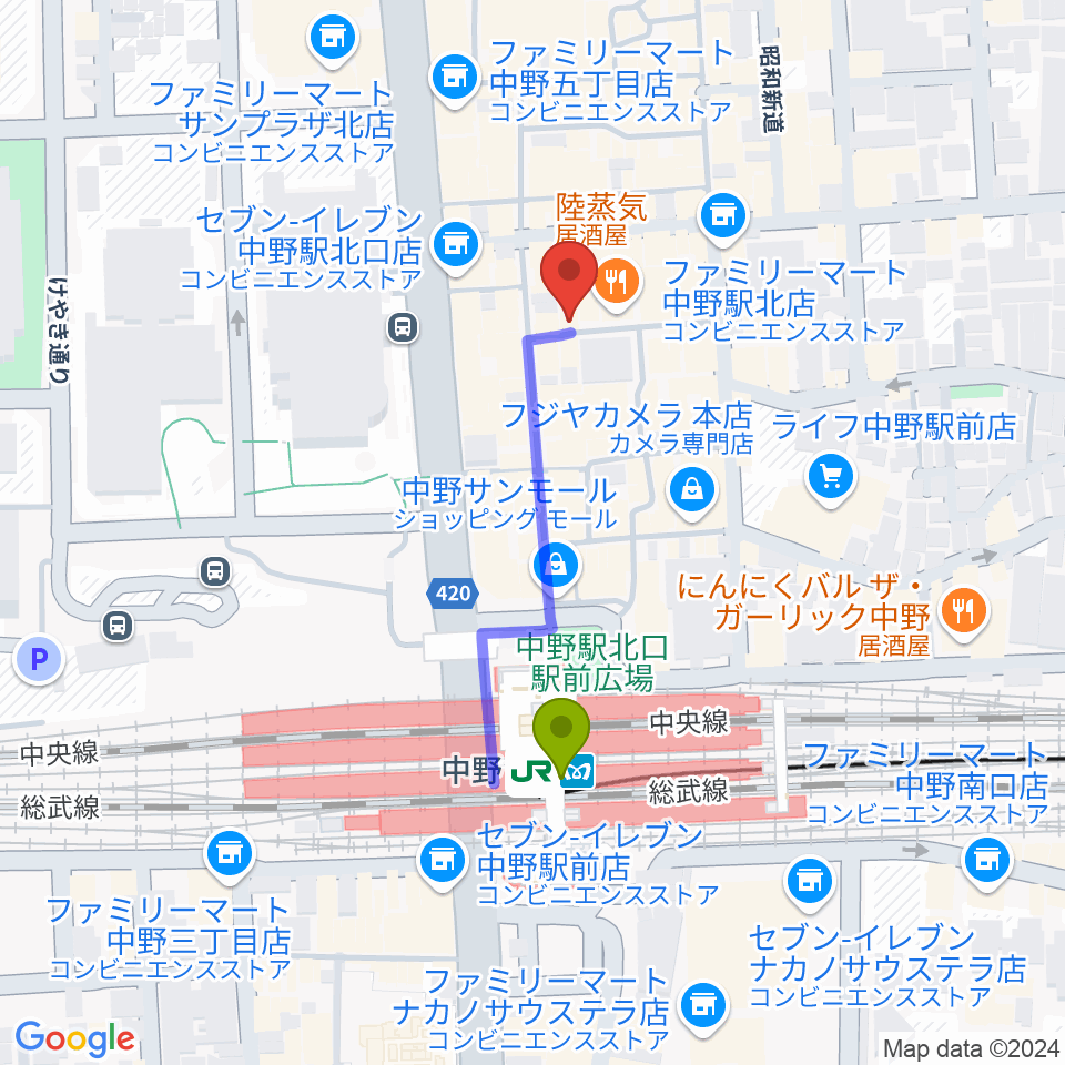 中野ブライトブラウンの最寄駅中野駅からの徒歩ルート（約3分）地図