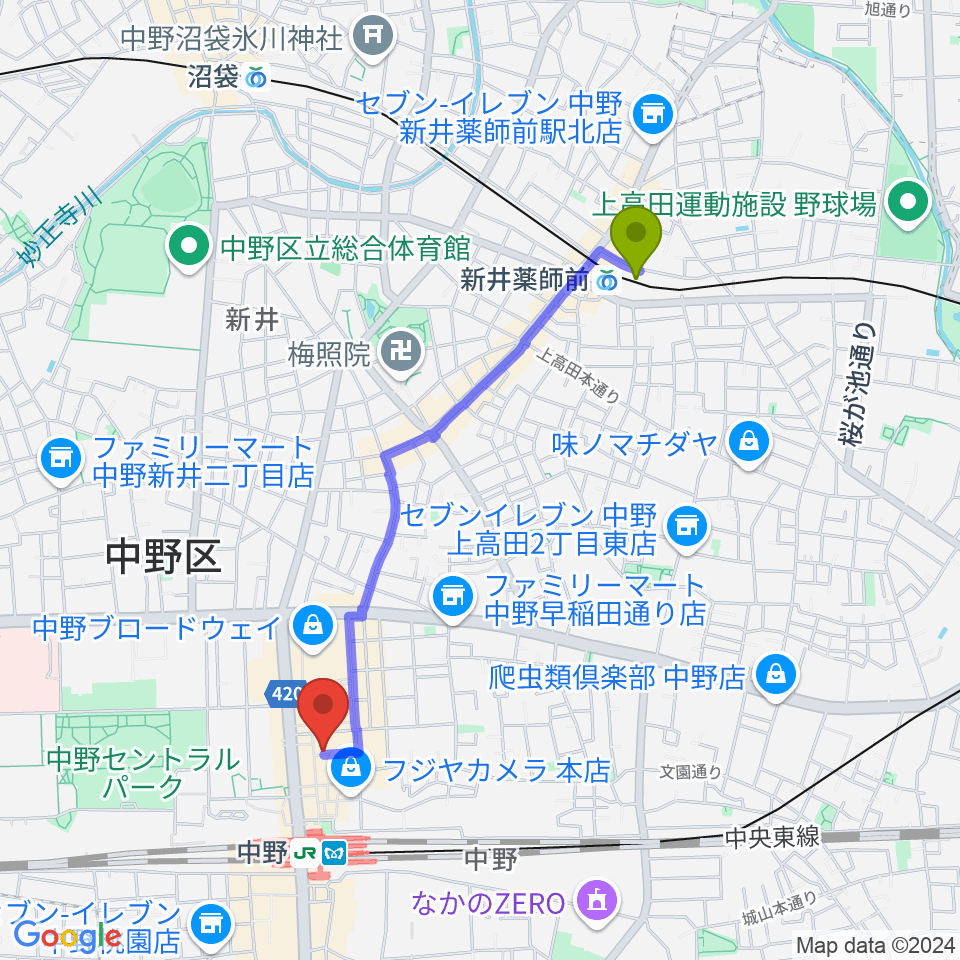 新井薬師前駅から中野ブライトブラウンへのルートマップ地図