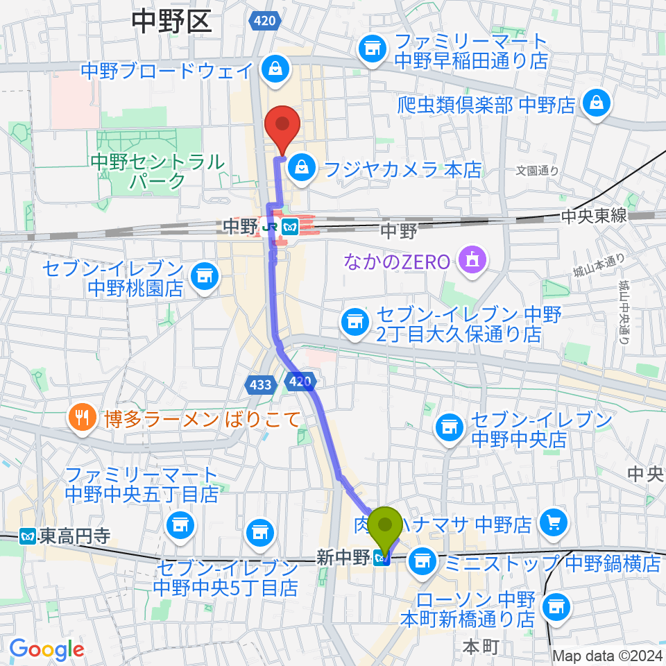 新中野駅から中野ブライトブラウンへのルートマップ地図