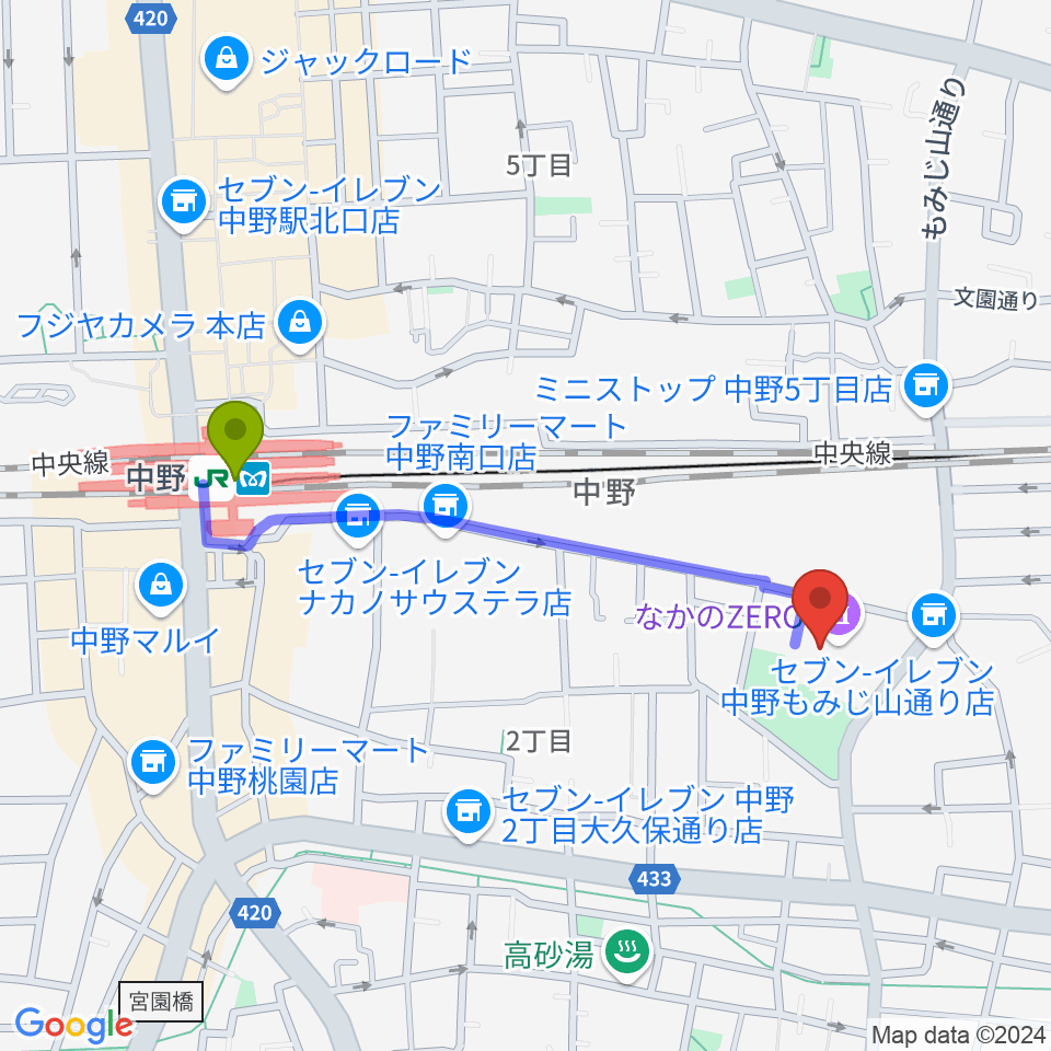 なかのZEROの最寄駅中野駅からの徒歩ルート（約9分）地図