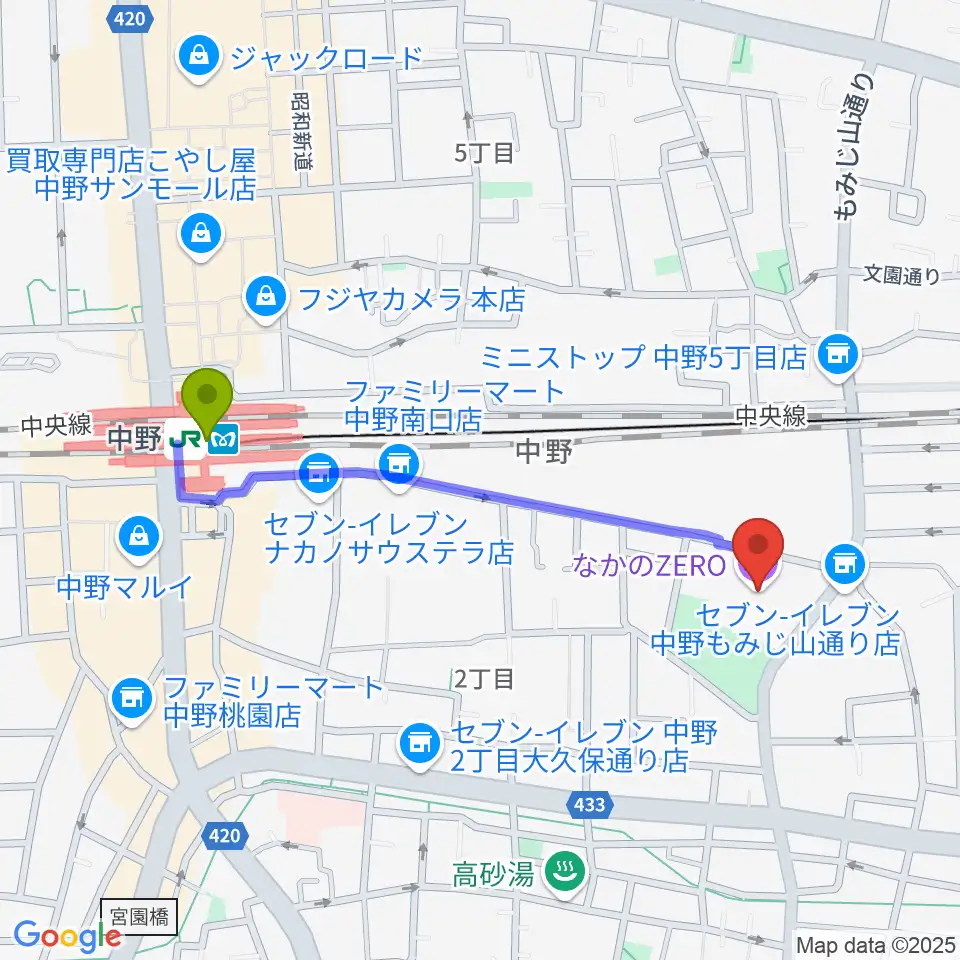 なかのZEROの最寄駅中野駅からの徒歩ルート（約9分）地図