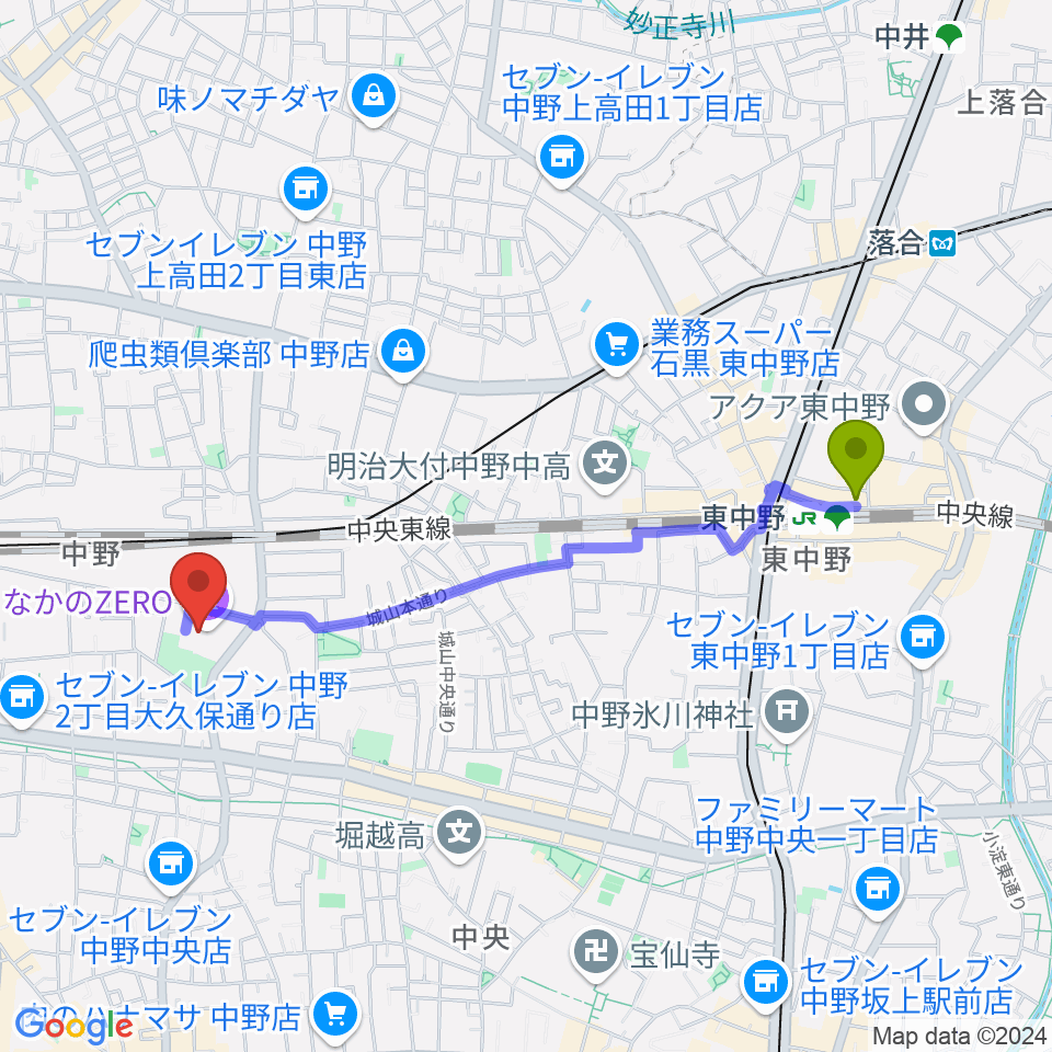 東中野駅からなかのZEROへのルートマップ地図