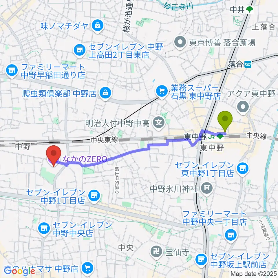 東中野駅からなかのZEROへのルートマップ地図