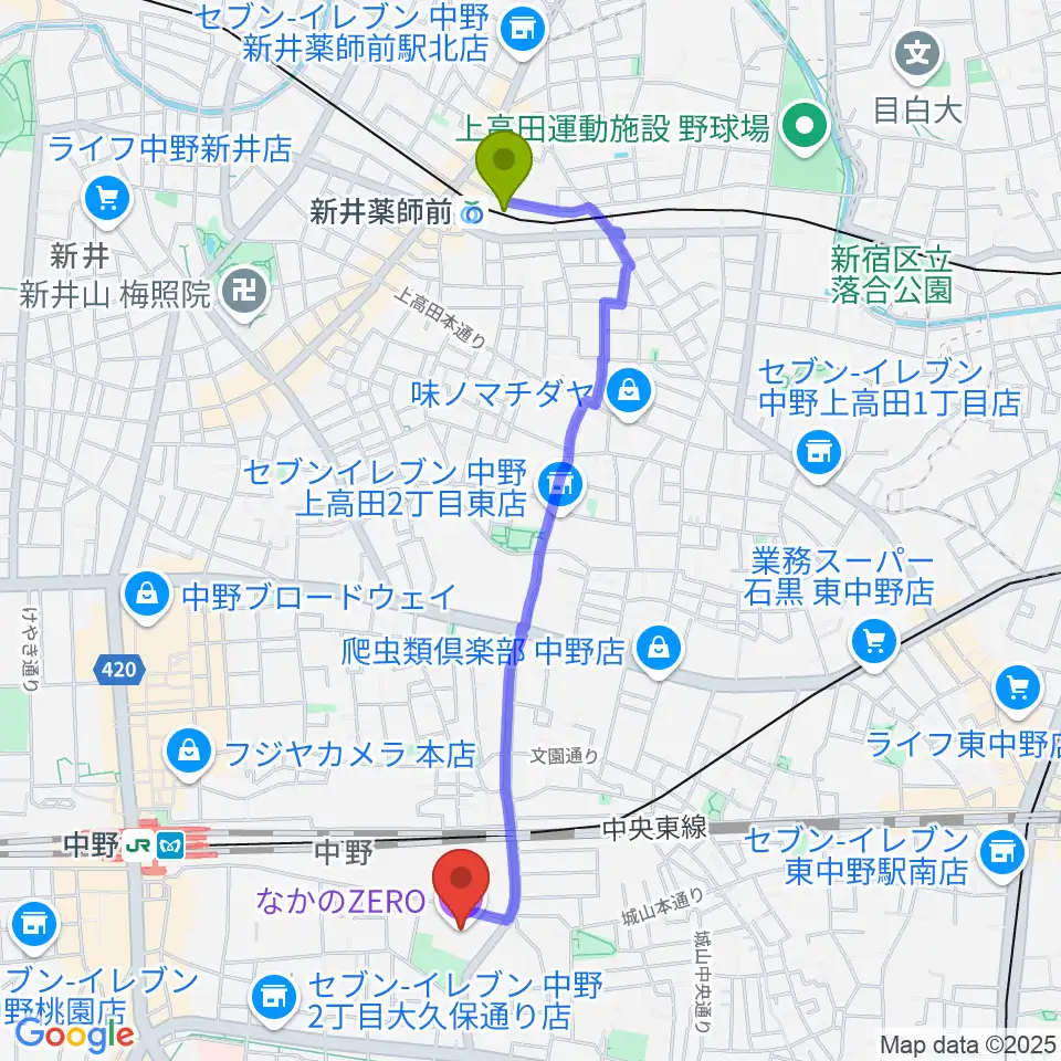 新井薬師前駅からなかのZEROへのルートマップ地図