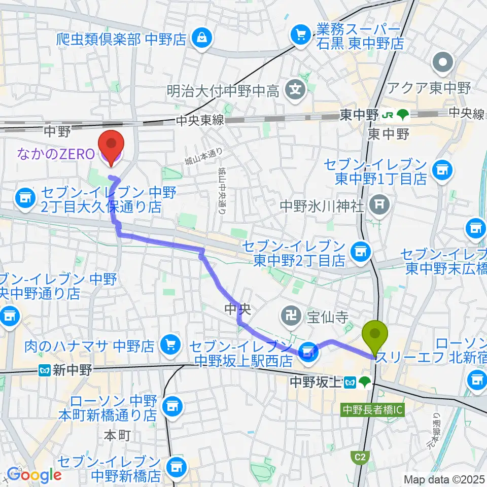 中野坂上駅からなかのZEROへのルートマップ地図
