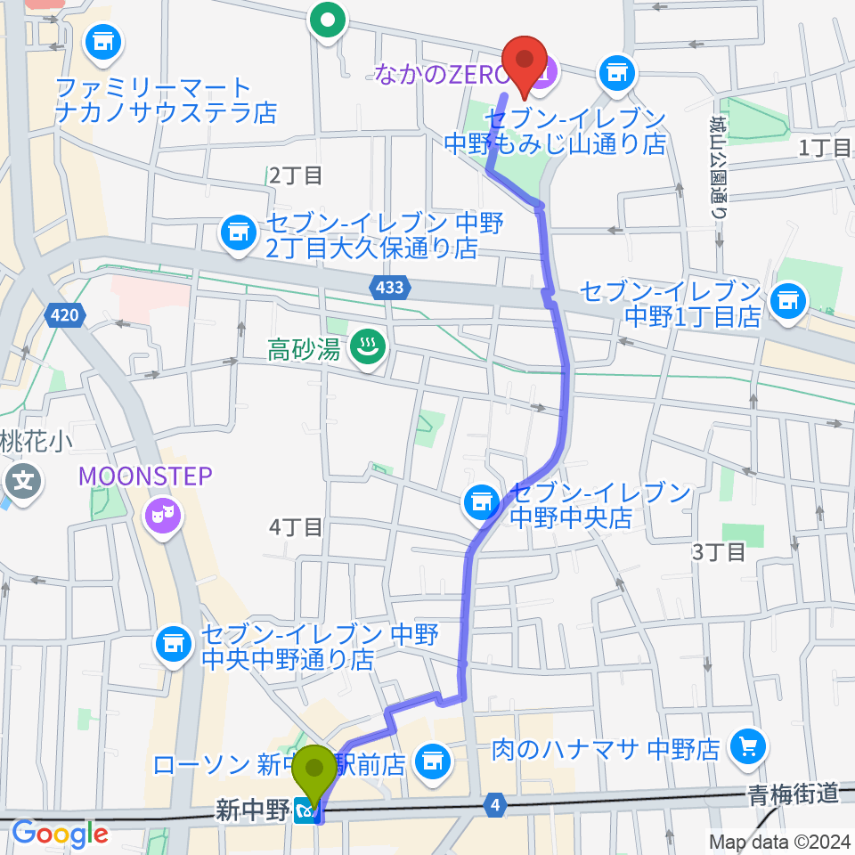 新中野駅からなかのZEROへのルートマップ地図