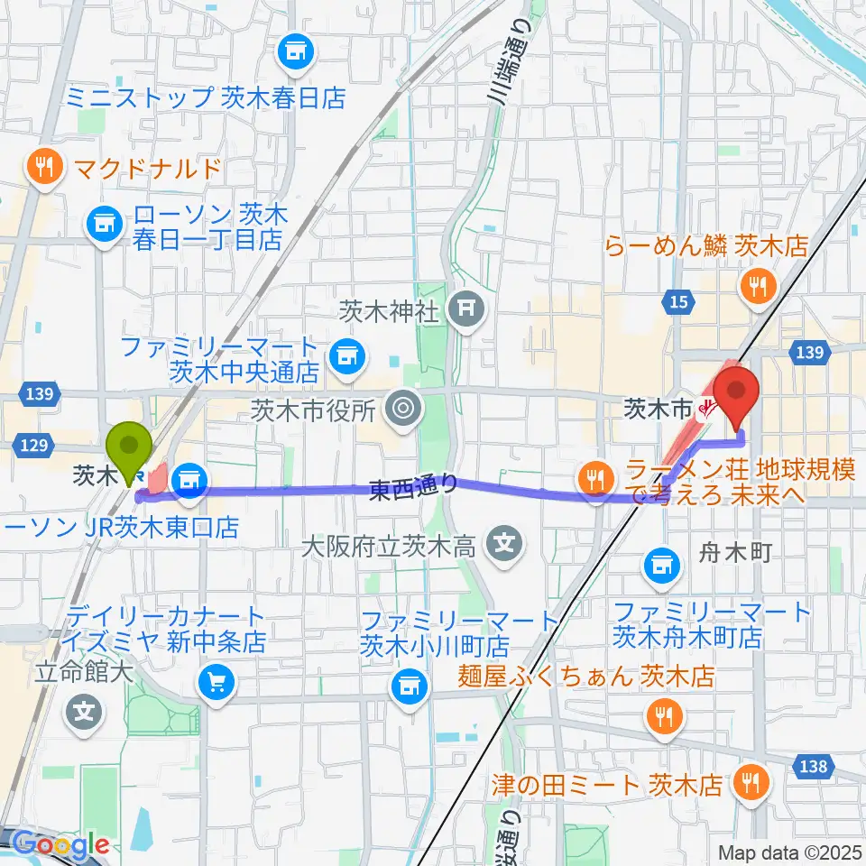 茨木駅からD-studioへのルートマップ地図