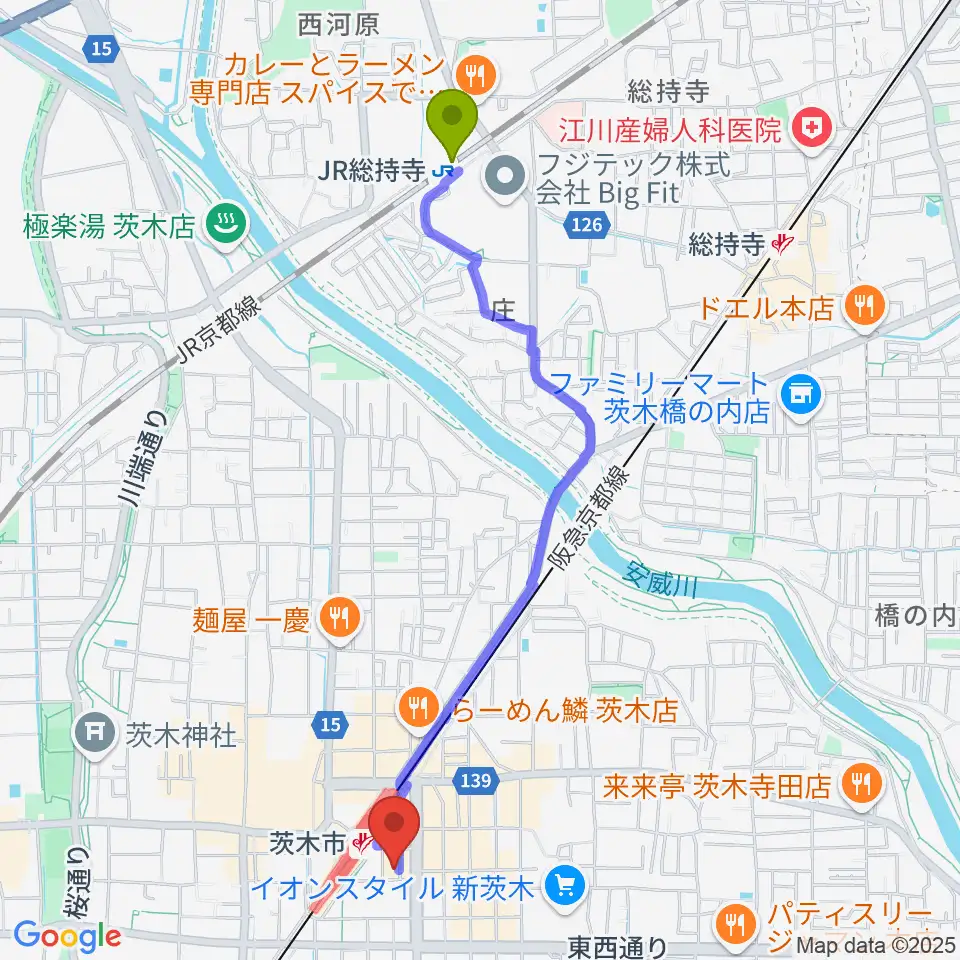 JR総持寺駅からD-studioへのルートマップ地図