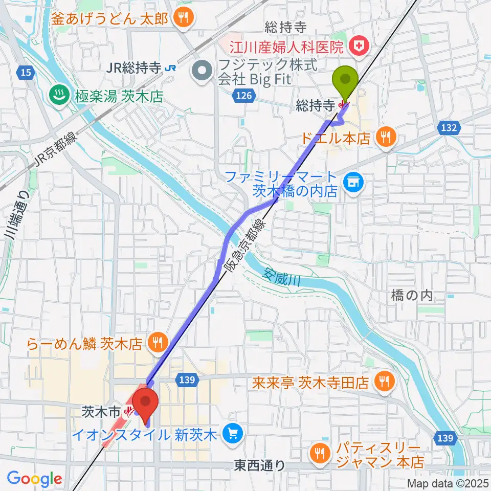総持寺駅からD-studioへのルートマップ地図