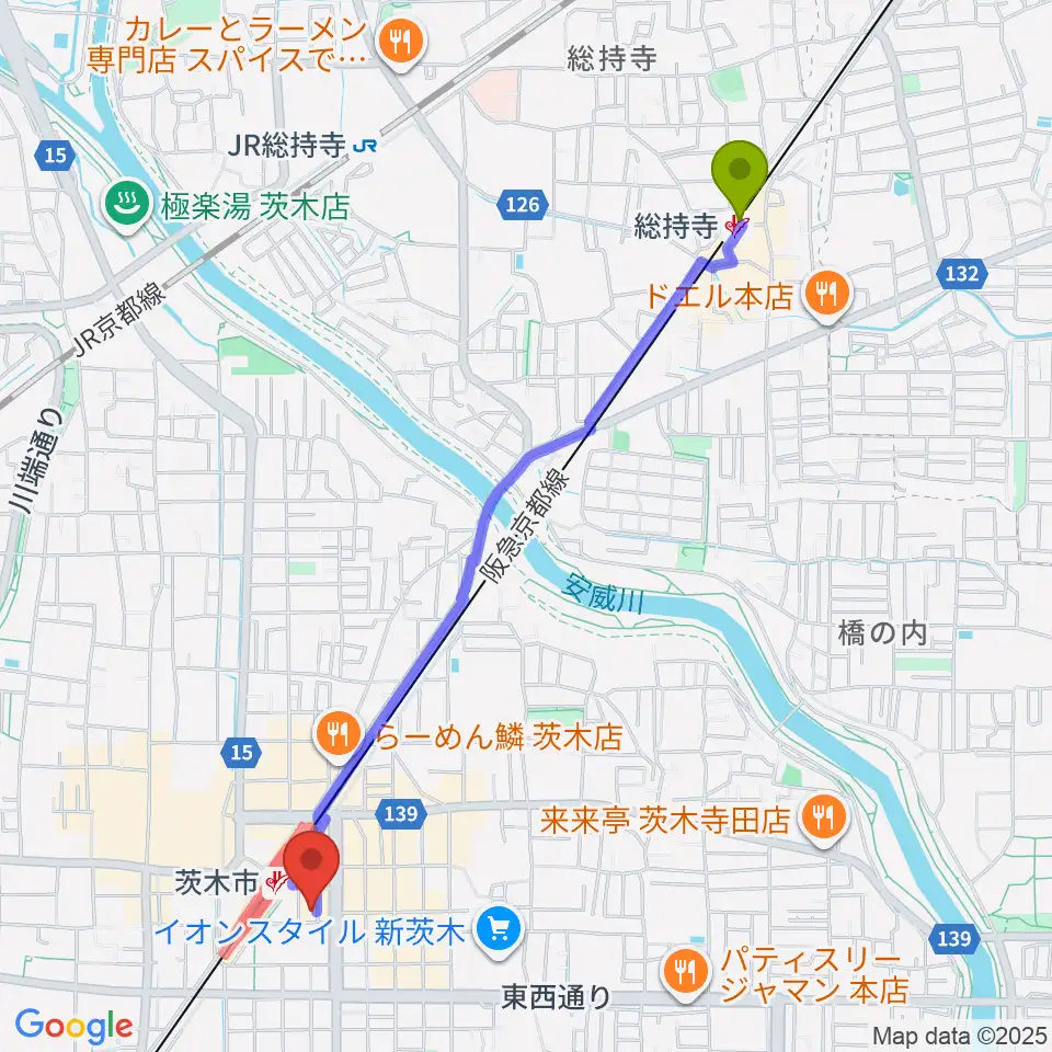 総持寺駅からD-studioへのルートマップ地図
