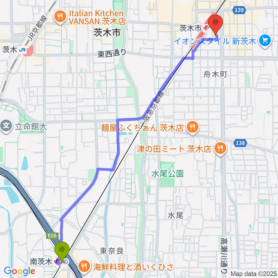 南茨木駅からD-studioへのルートマップ地図