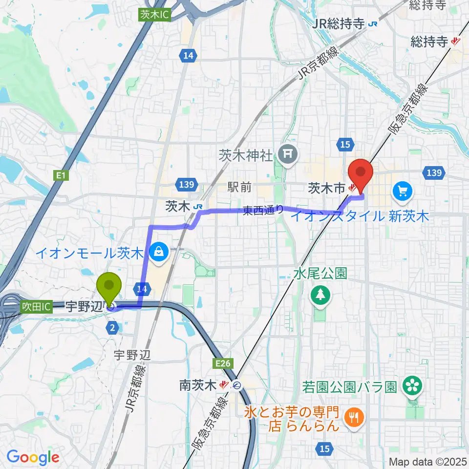 宇野辺駅からD-studioへのルートマップ地図