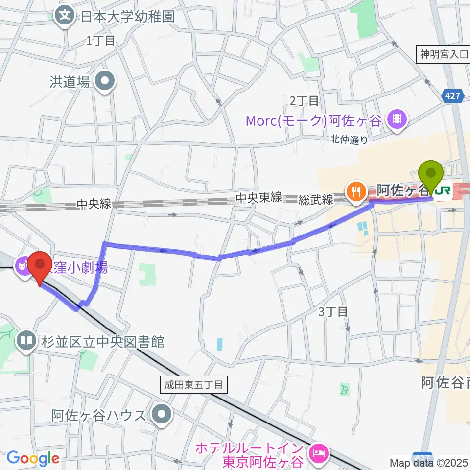 阿佐ケ谷駅から荻窪ベルベットサンへのルートマップ地図