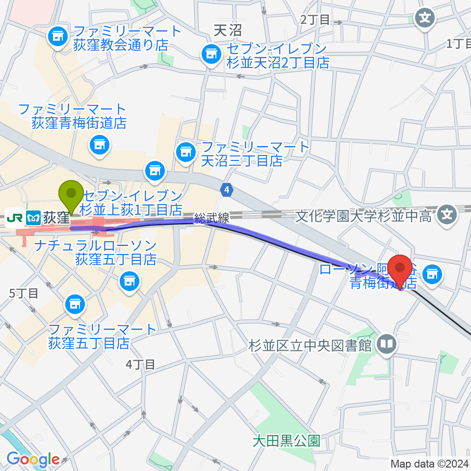 荻窪ベルベットサンの最寄駅荻窪駅からの徒歩ルート（約11分）地図