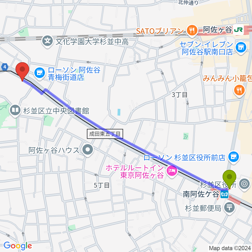 南阿佐ケ谷駅から荻窪ベルベットサンへのルートマップ地図