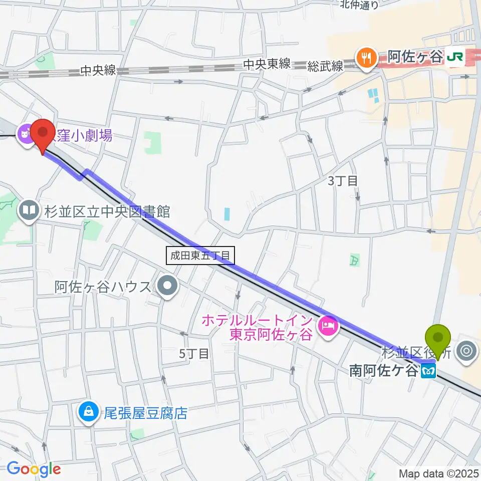 南阿佐ケ谷駅から荻窪ベルベットサンへのルートマップ地図