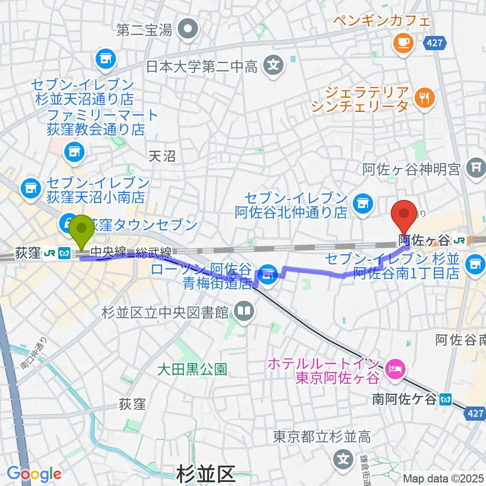 荻窪駅から阿佐ヶ谷JAMBJAMBへのルートマップ地図