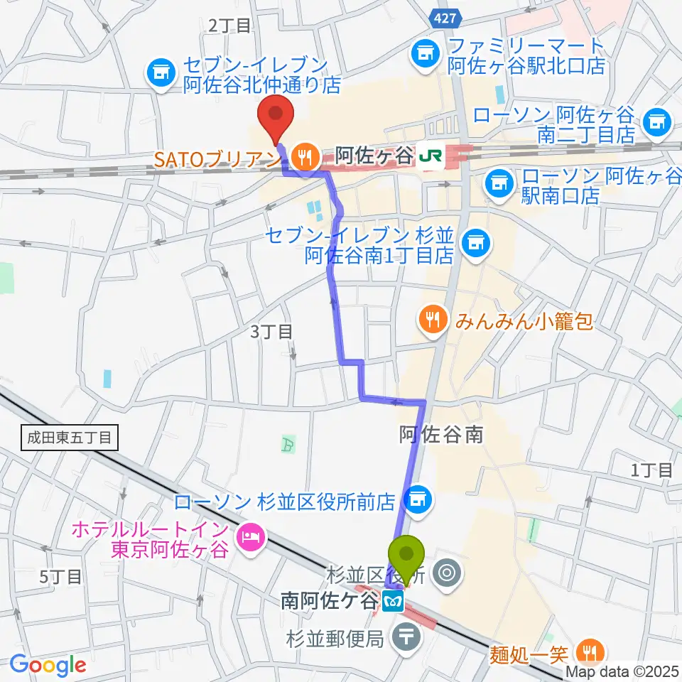 南阿佐ケ谷駅から阿佐ヶ谷JAMBJAMBへのルートマップ地図