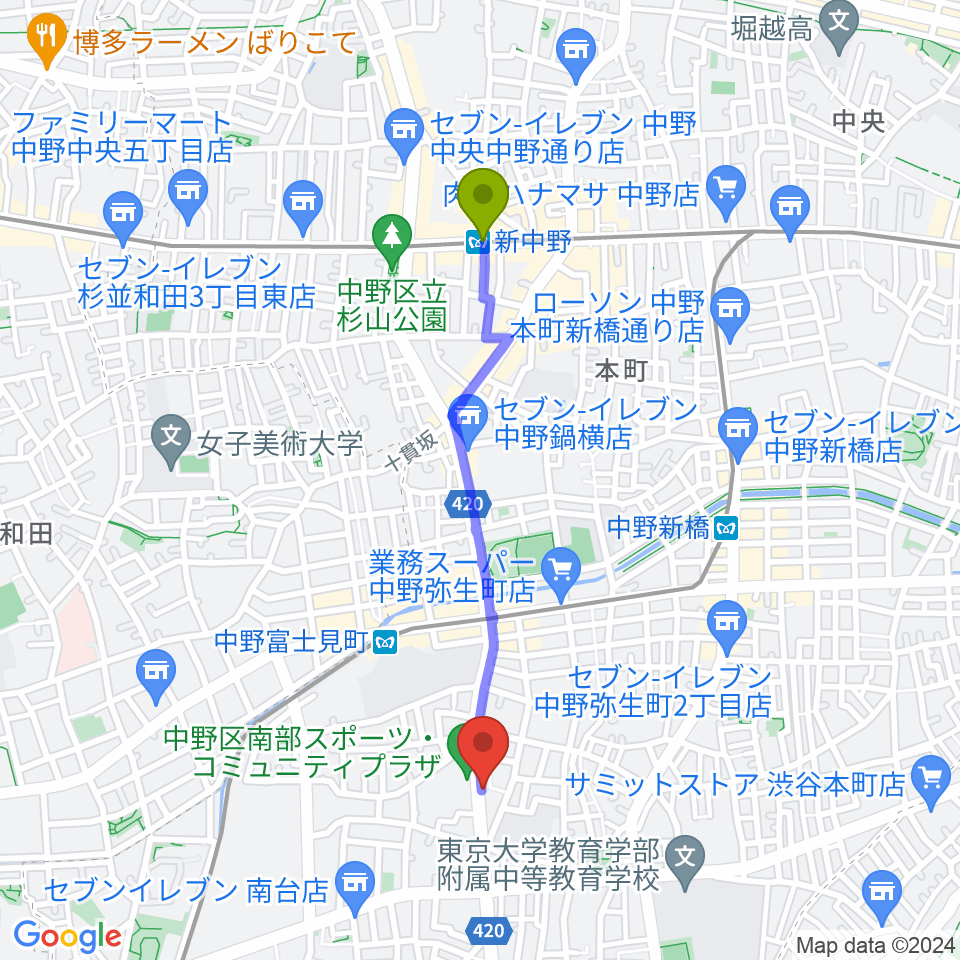 新中野駅から中野plan-Bへのルートマップ地図