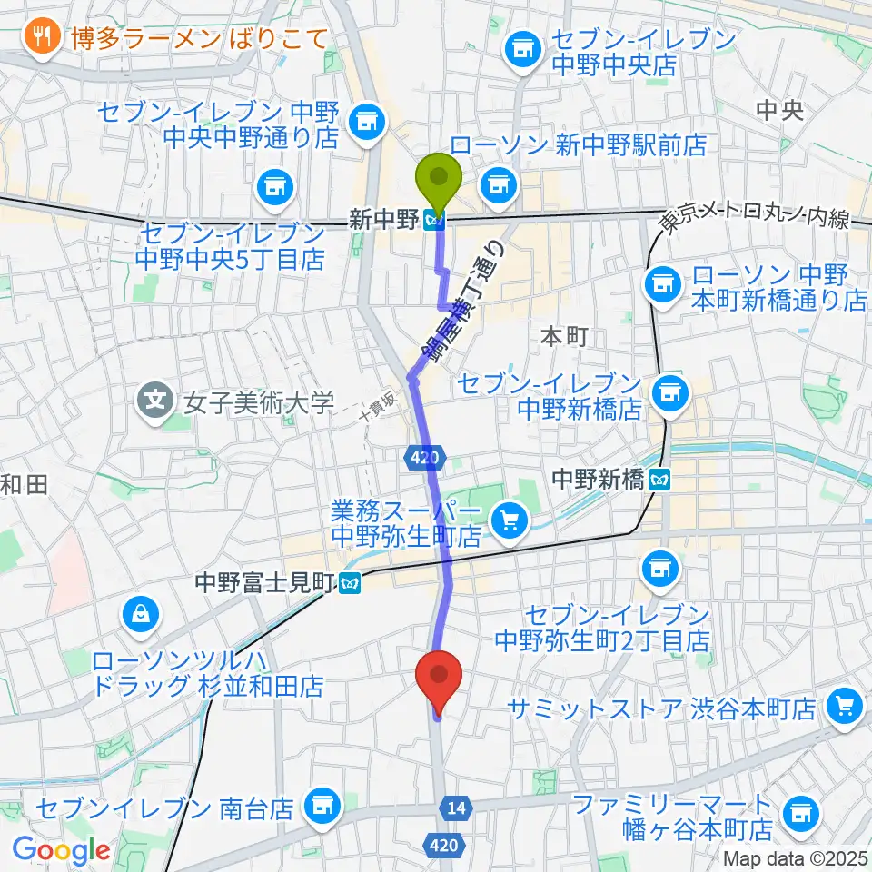 新中野駅から中野plan-Bへのルートマップ地図