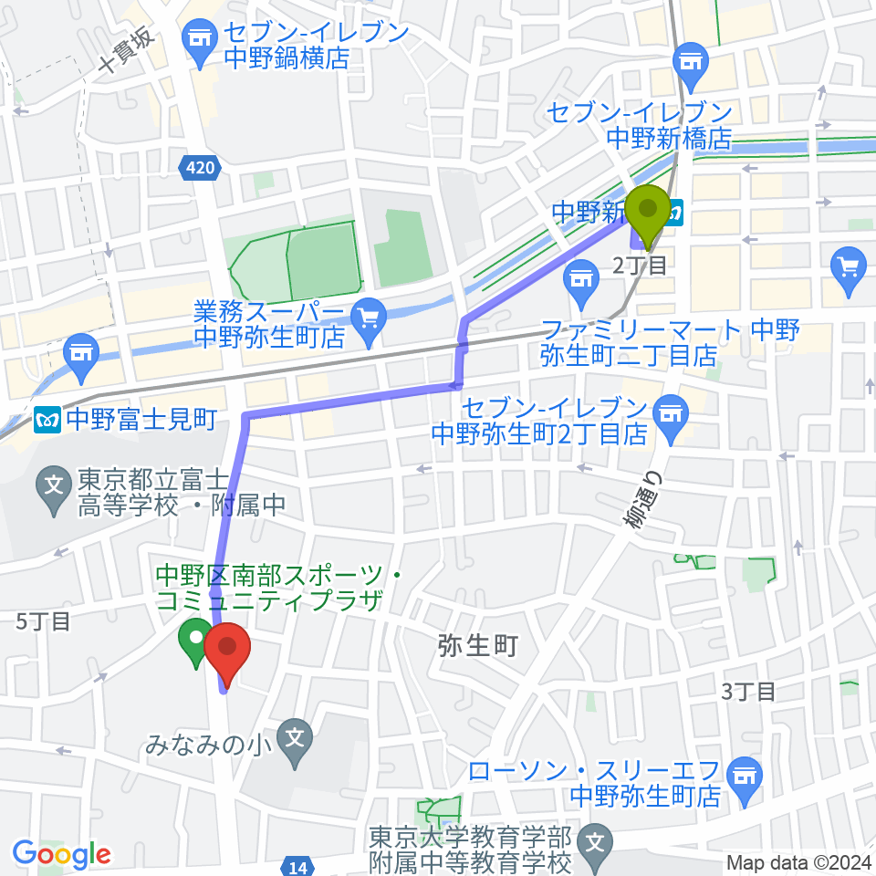 中野新橋駅から中野plan-Bへのルートマップ地図