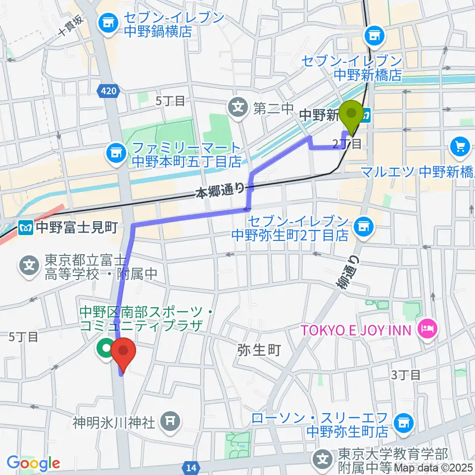 中野新橋駅から中野plan-Bへのルートマップ地図
