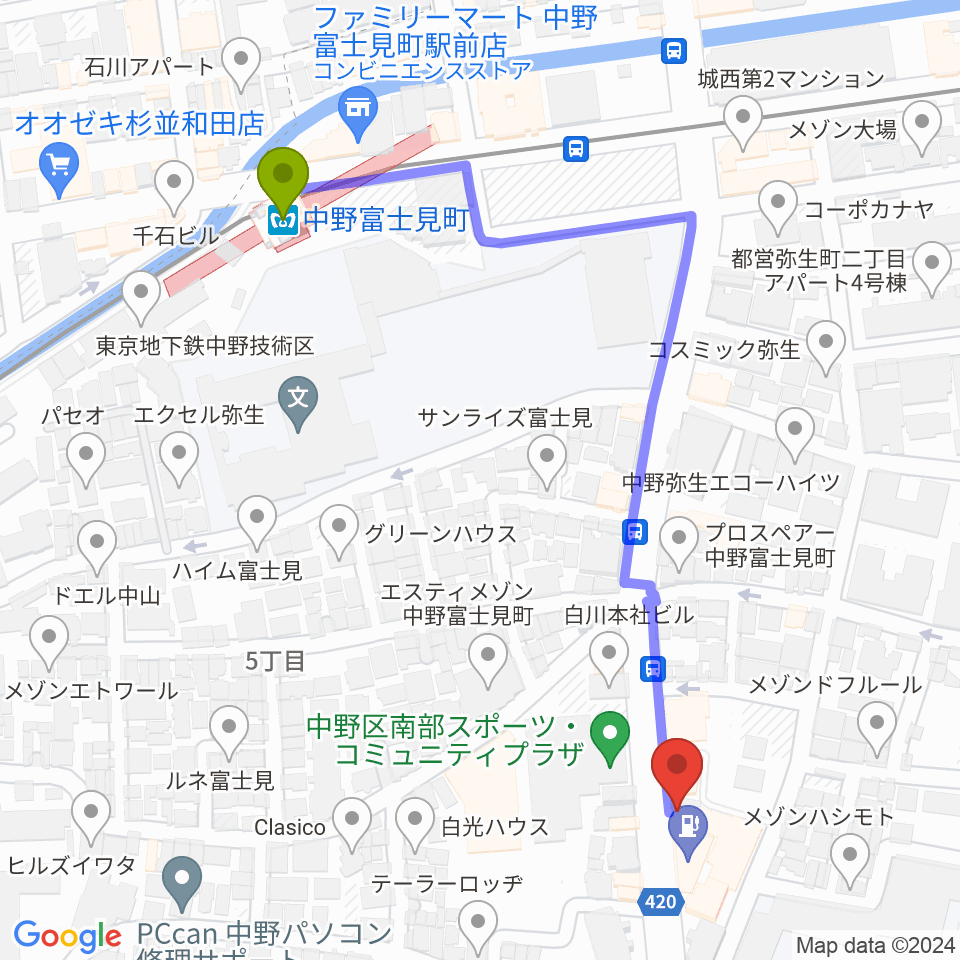 中野plan-Bの最寄駅中野富士見町駅からの徒歩ルート（約6分）地図