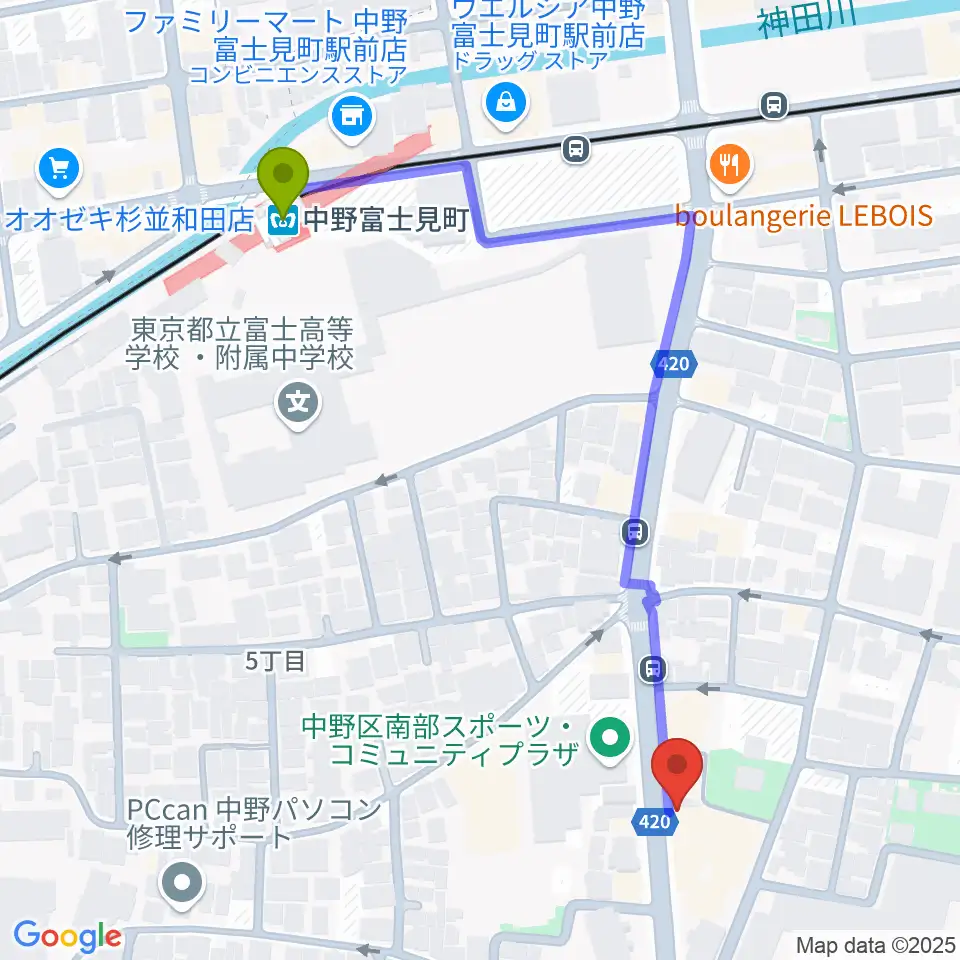 中野plan-Bの最寄駅中野富士見町駅からの徒歩ルート（約6分）地図