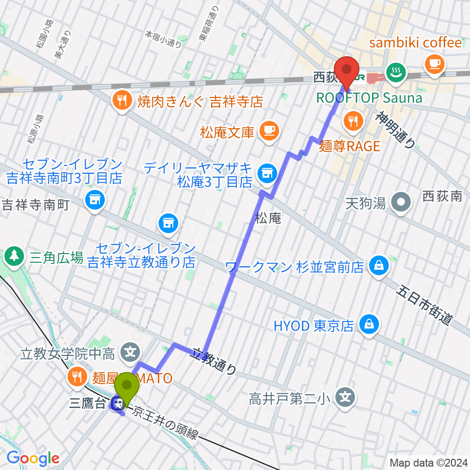 三鷹台駅から西荻窪クラップ・クラップへのルートマップ地図