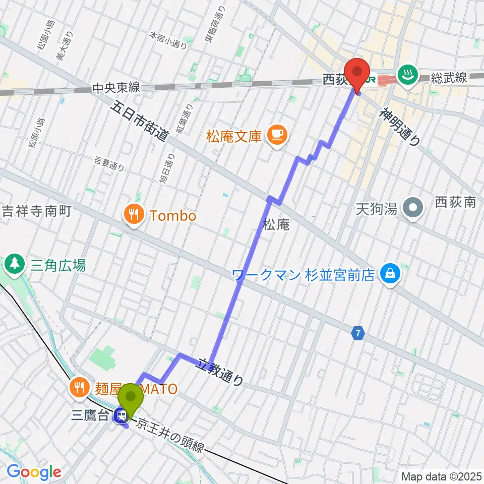 三鷹台駅から西荻窪クラップ・クラップへのルートマップ地図