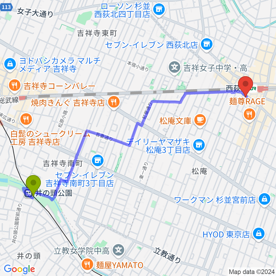 井の頭公園駅から西荻窪クラップ・クラップへのルートマップ地図