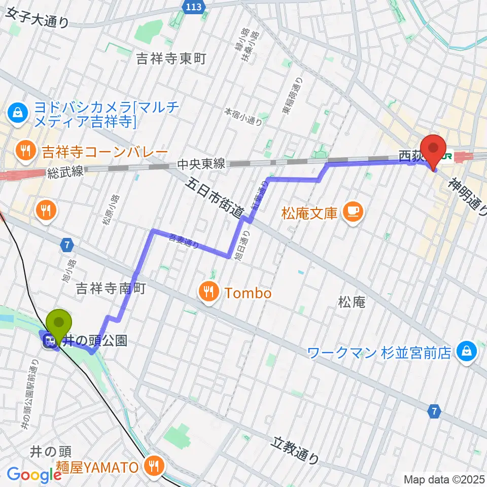 井の頭公園駅から西荻窪クラップ・クラップへのルートマップ地図