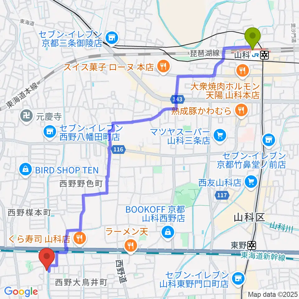 山科駅からイーストマウンテンスタジオへのルートマップ地図