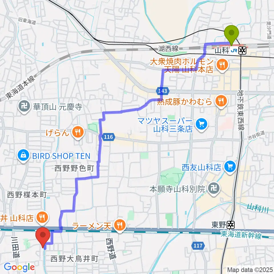 山科駅からイーストマウンテンスタジオへのルートマップ地図