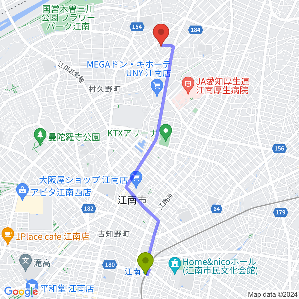 岩井ギター教室の最寄駅江南駅からの徒歩ルート（約48分）地図
