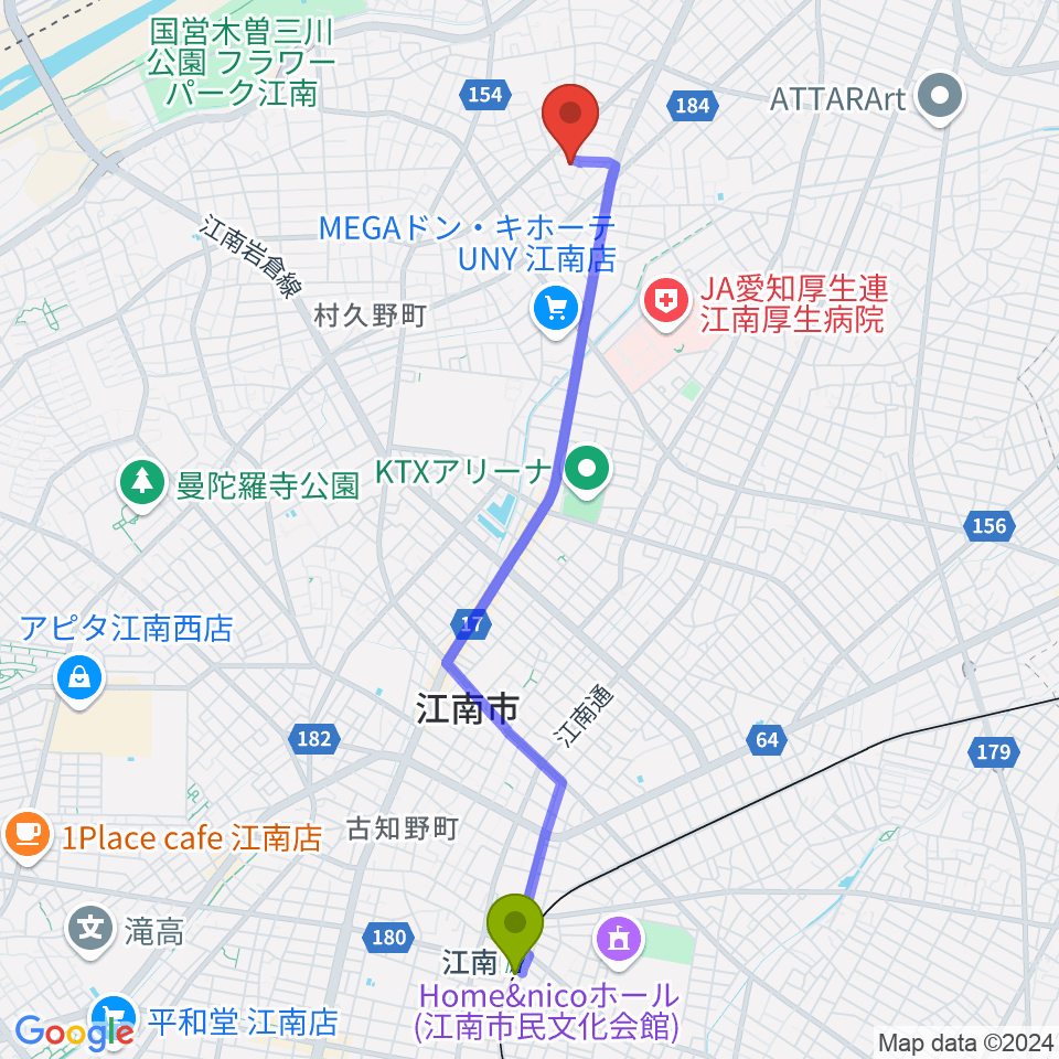 岩井ギター教室の最寄駅江南駅からの徒歩ルート（約48分）地図