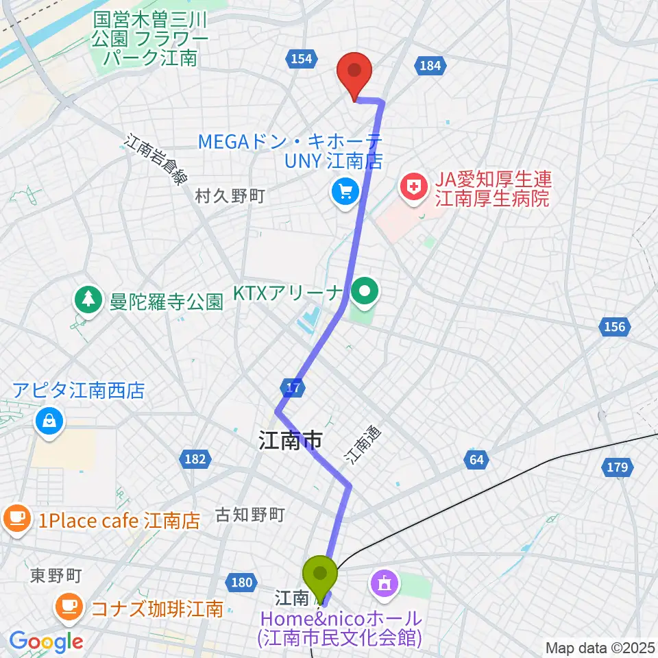 岩井ギター教室の最寄駅江南駅からの徒歩ルート（約48分）地図