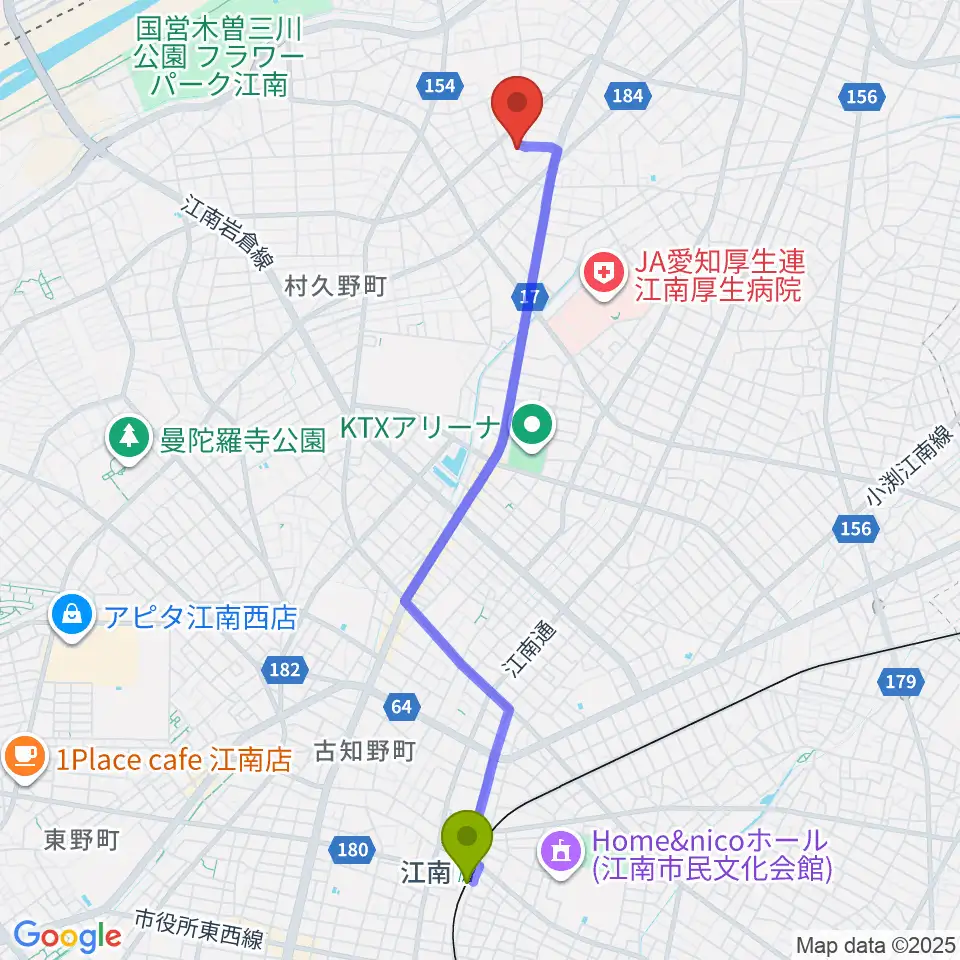 岩井ギター教室の最寄駅江南駅からの徒歩ルート（約48分）地図